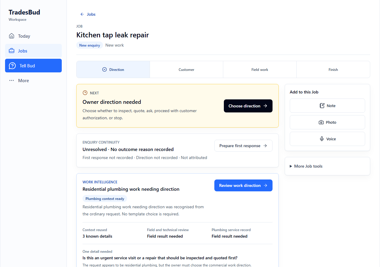 TradesBud workspace showing current work, owner decisions and an assisted next step